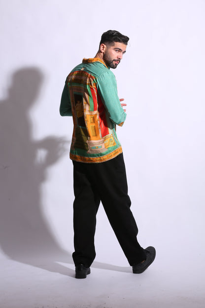 Women & men high quality green silk printed shirt 