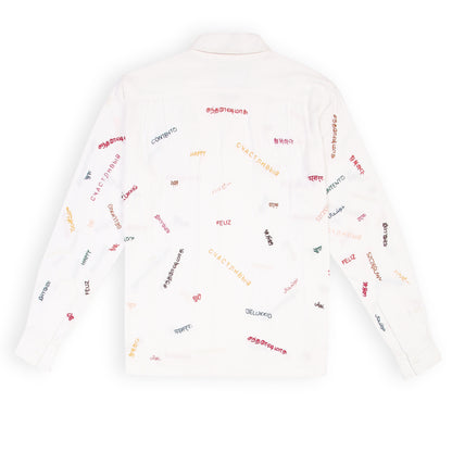 Men’s white linen shirt with detailed handmade embroidery 