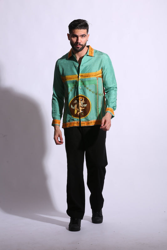 Women & men high quality green silk printed shirt 