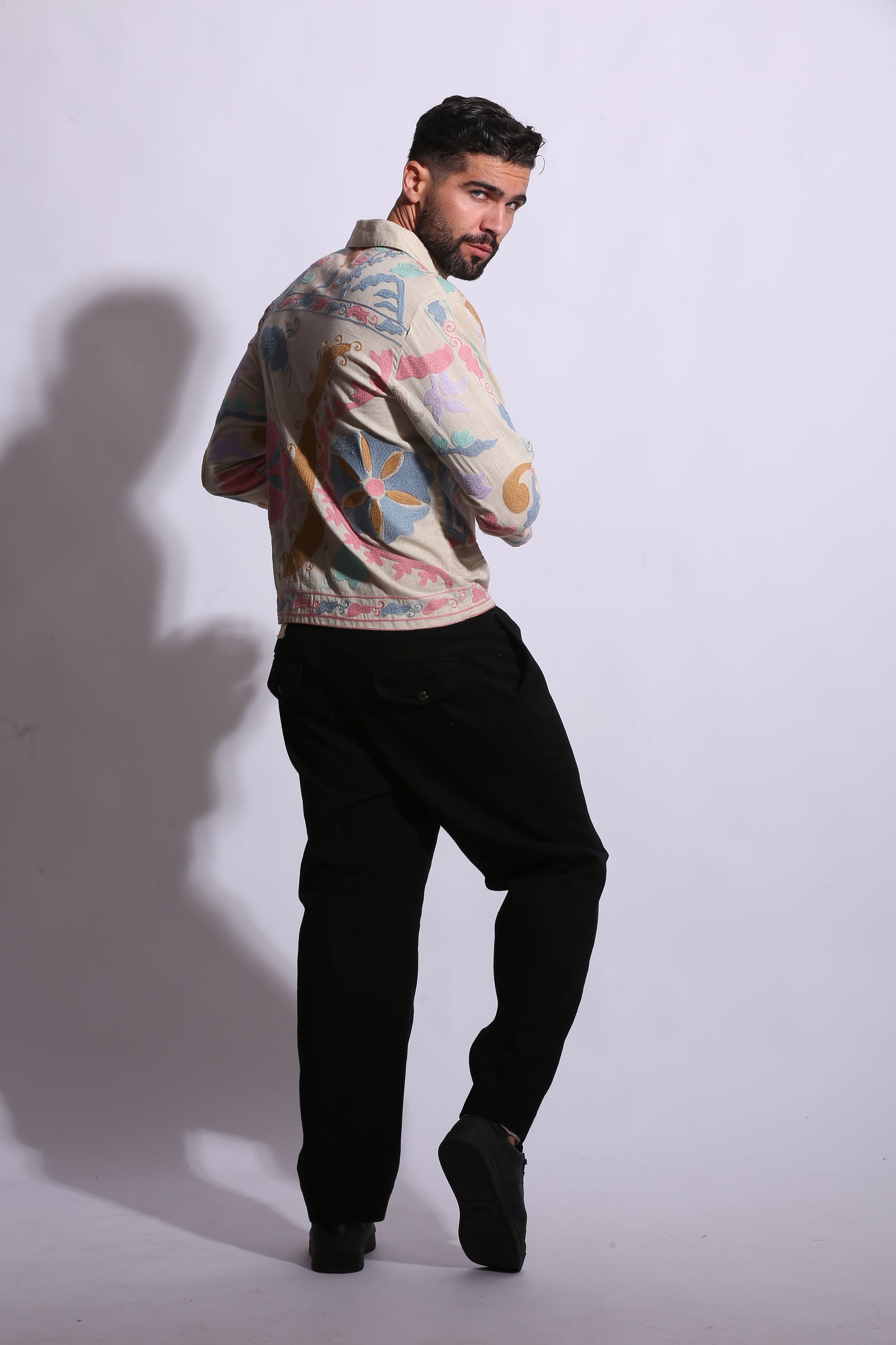“Organic cotton off-white Suzani motif embroidered shirt” 