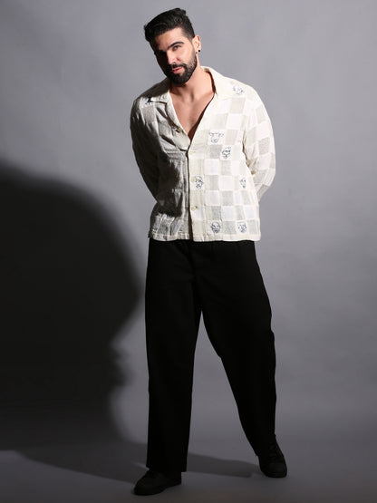 “Artistic face pattern on patchwork cotton shirt in beige 