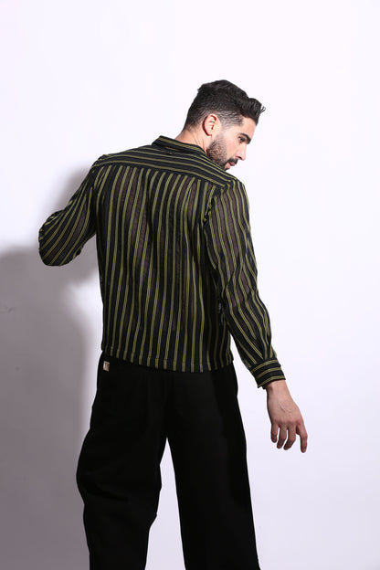 BLACK COTTON SHIRT WITH VERTICAL STRIPE PATTERN 