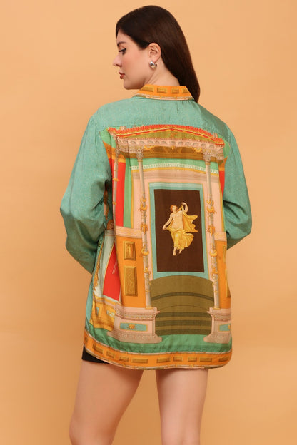 “Soft green unisex silk shirt with vintage-style print” 