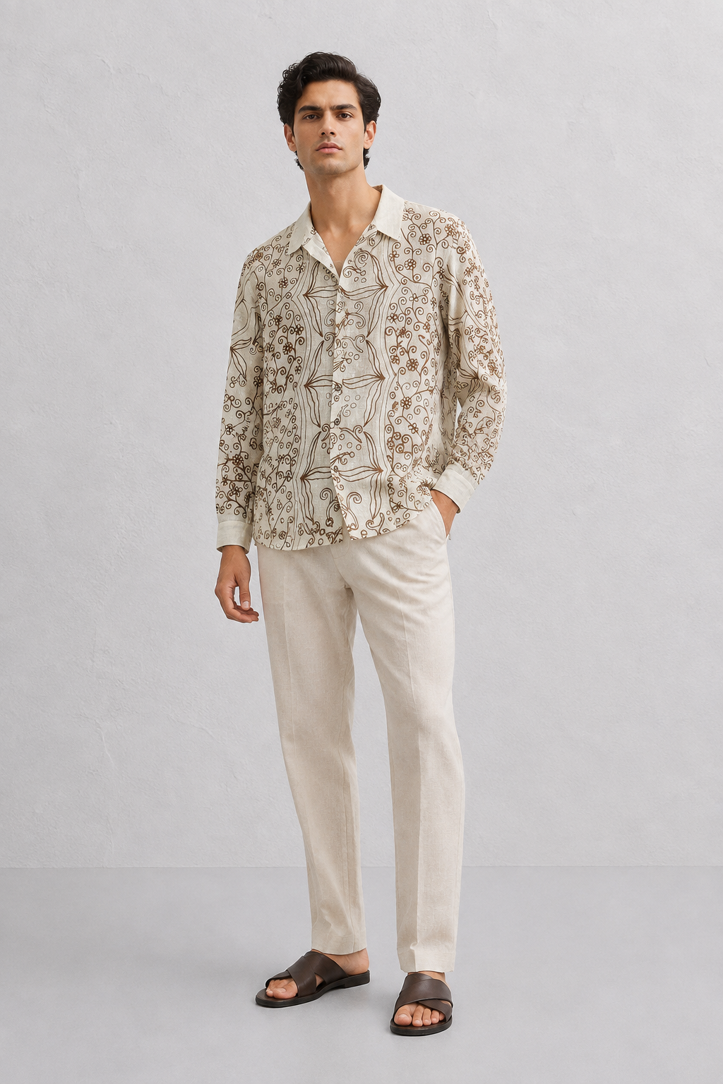Textured Elegance Shirt | Beige Cotton Chain Stitch Embroidered Shirt