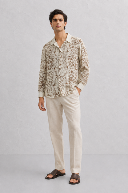 Textured Elegance Shirt | Beige Cotton Chain Stitch Embroidered Shirt