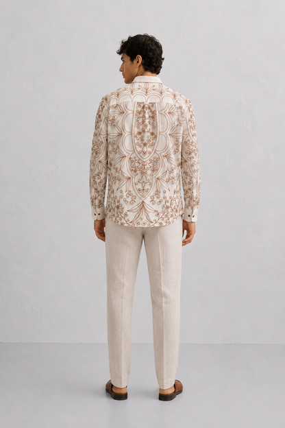 Textured Elegance Shirt | Beige Cotton Chain Stitch Embroidered Shirt