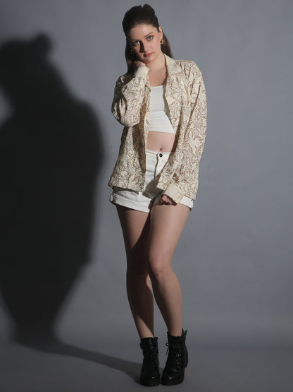 “Beige embroidered textured weave shirt with intricate chain stitch work” 