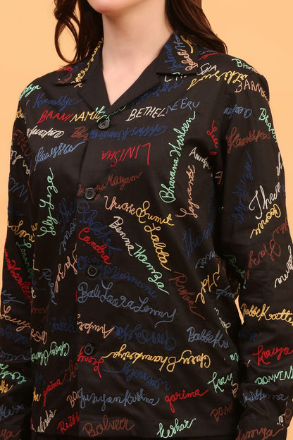 “Breathable cotton satin evening wear shirt in Black embroidered 