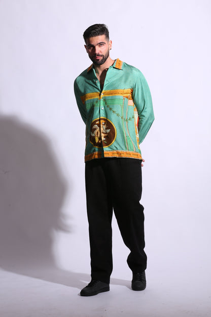 Women & men high quality green silk printed shirt 