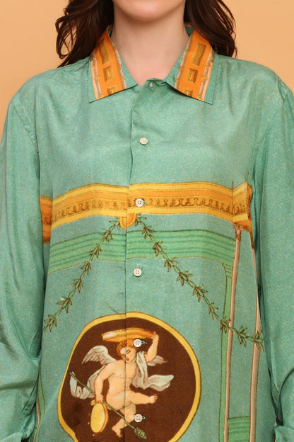 “Soft green unisex silk shirt with vintage-style print” 