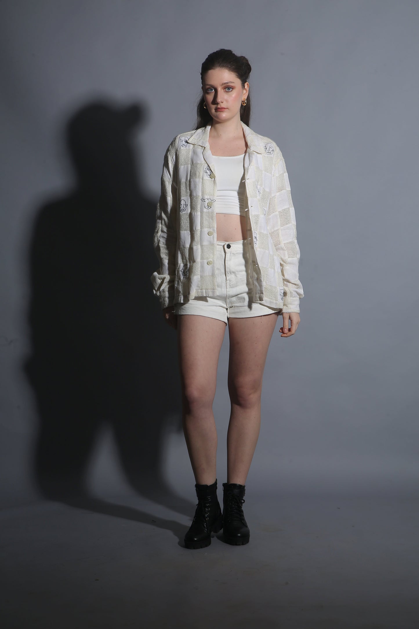 “Artistic face pattern on patchwork cotton shirt in beige 