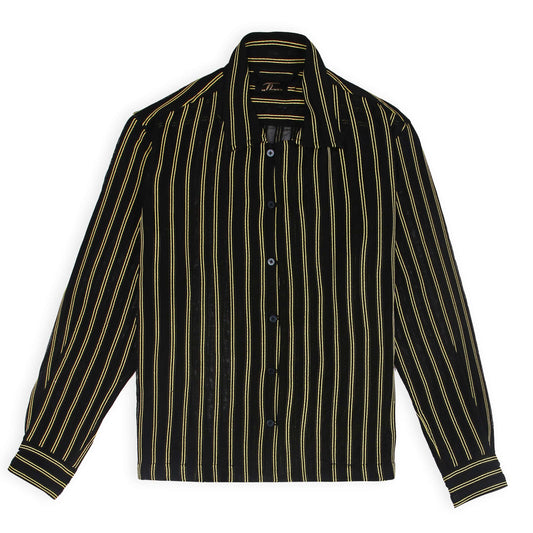 A long-sleeved striped shirt with bold yellow stripes on a black background, button-up front, and a collar.