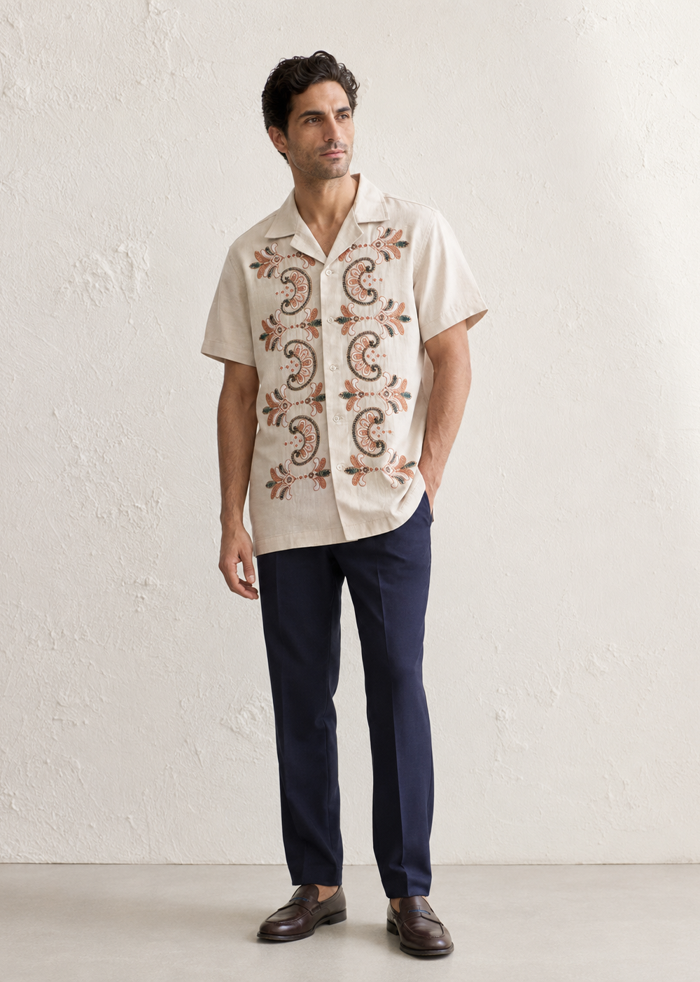 Couching Embroidery Short Sleeve Shirt | Beige